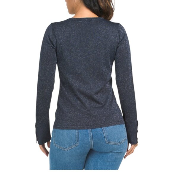 ELIE TAHARI Long Sleeve Crew Neck Metallic Sweater With Button Cuffs - Picture 2 of 3